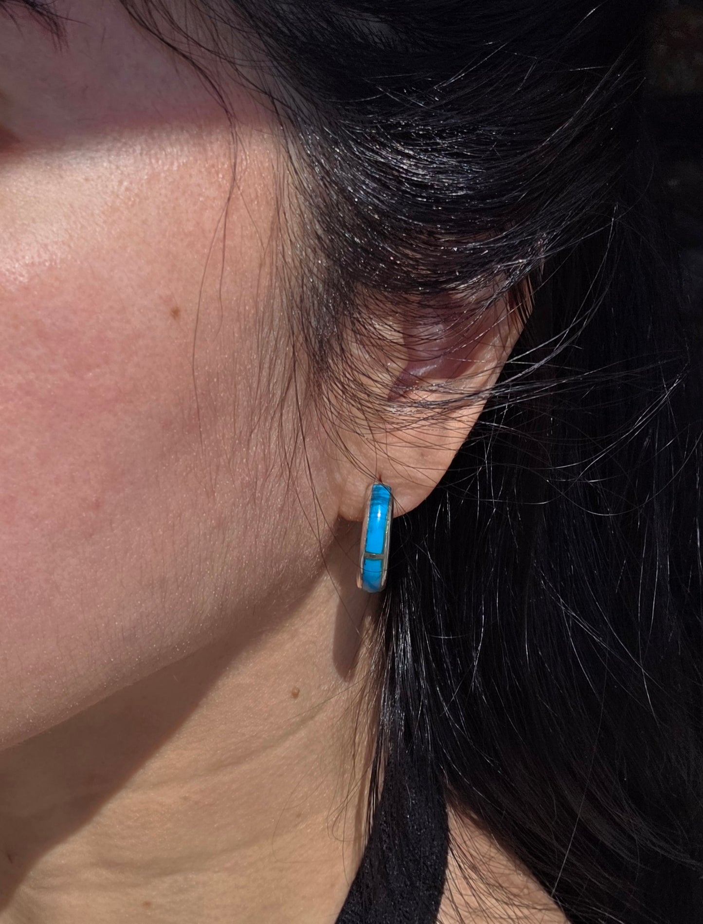 Awesome Turquoise Inlay Sterling Silver Solid Hoops Earrings