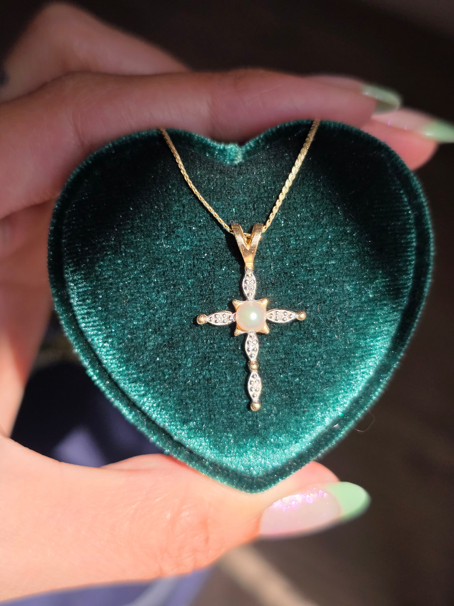 Pretty Pearl and Diamond 14k Gold Cross Pendant (NO CHAIN)