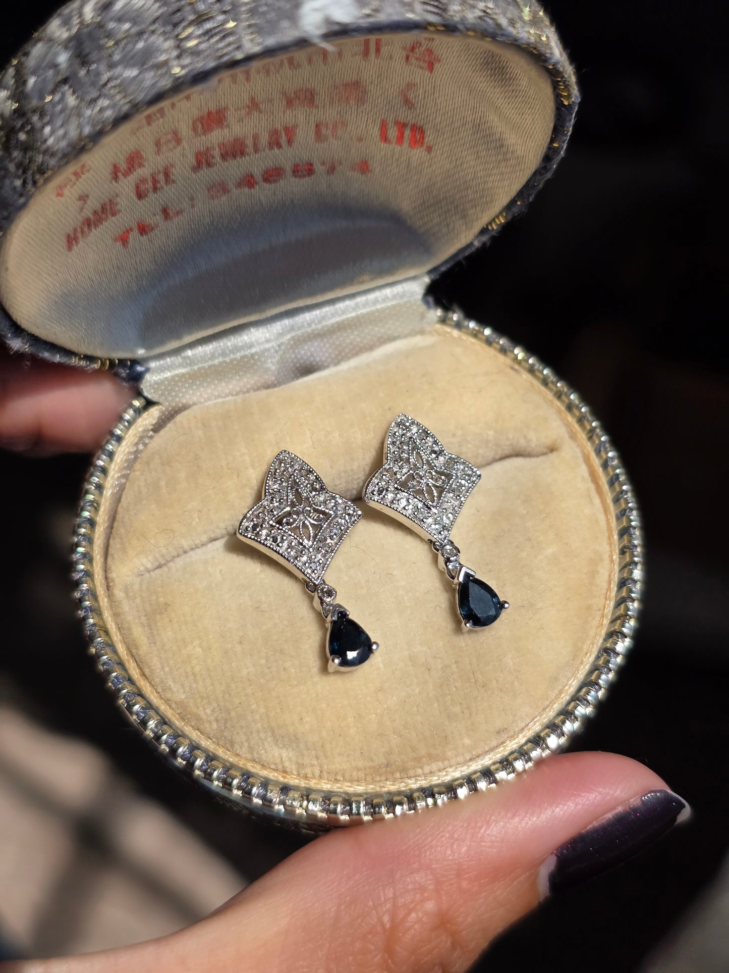 Beautiful Vintage Art Deco Style  10k White Gold .65TCW Sapphire Diamond Dangle Earrings