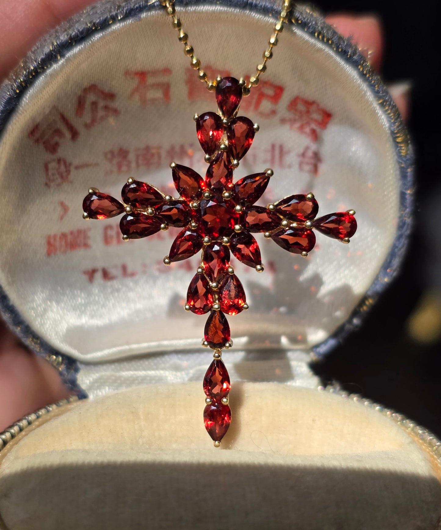 Crimson Red 10k Gold Large Garnet Cross Pendant (NO CHAIN)