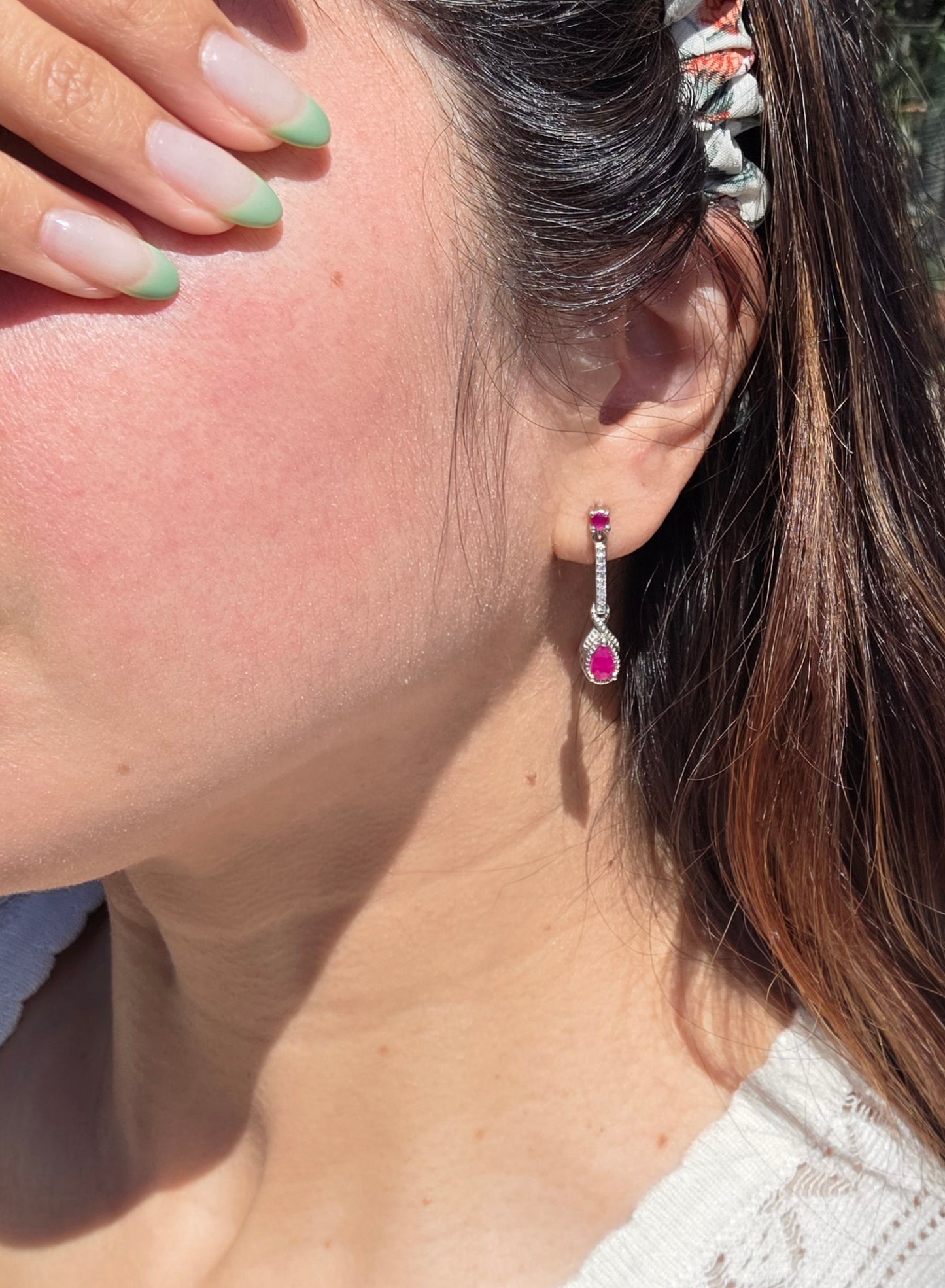 Pretty Sterling Silver .74TCW Ruby and White Topaz Drop Dangle Earrings