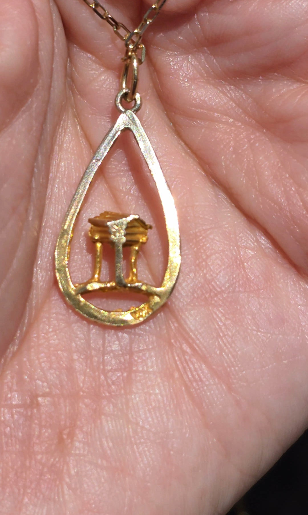#10- 10k Gold 3D Greek Temple Inside Tear Drop Nugget 2T Ombre Frame Charm (NO CHAIN)