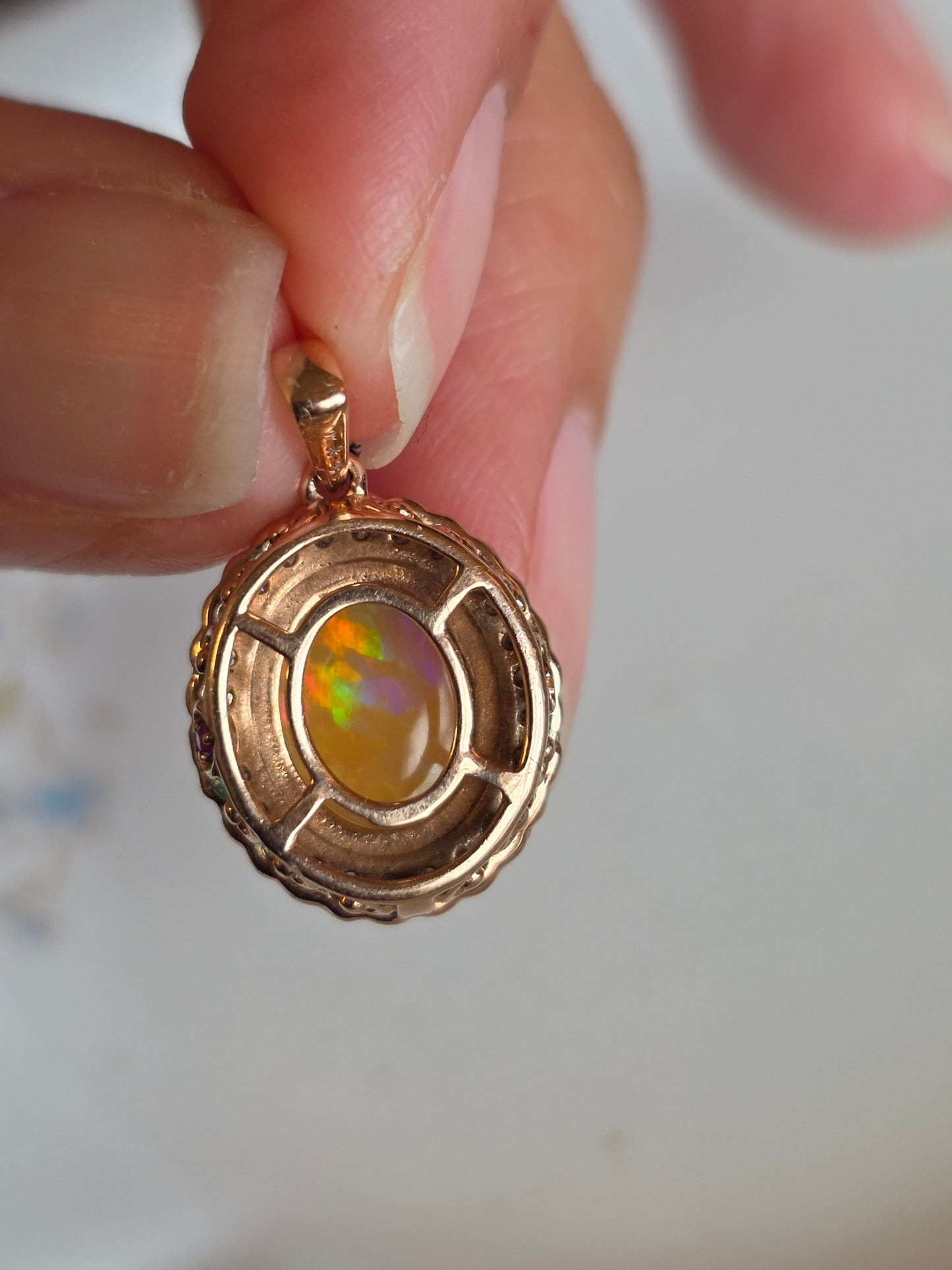 Stunning 10k Rose Gold Natural Fire Opal Cabochon and Diamond Halo Pendant (NO CHAIN)