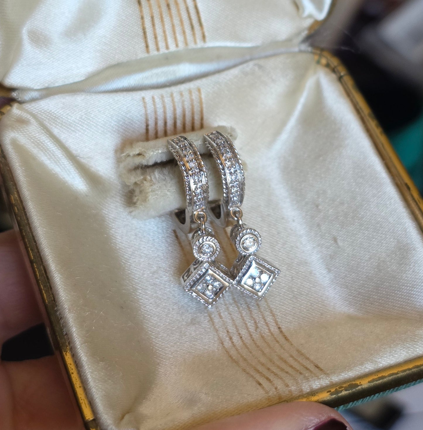 Lovely 14k White Gold Diamond Huggie Drop Dangle Geometric Earrings