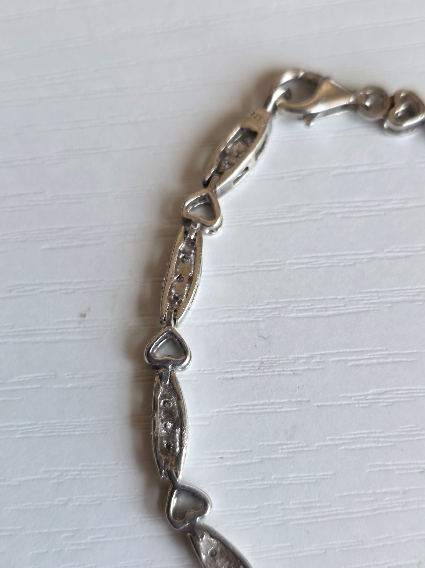 Pretty Sterling Silver Open Heart & Marquise Link Diamond Accented Tennis Bracelet 7.75"