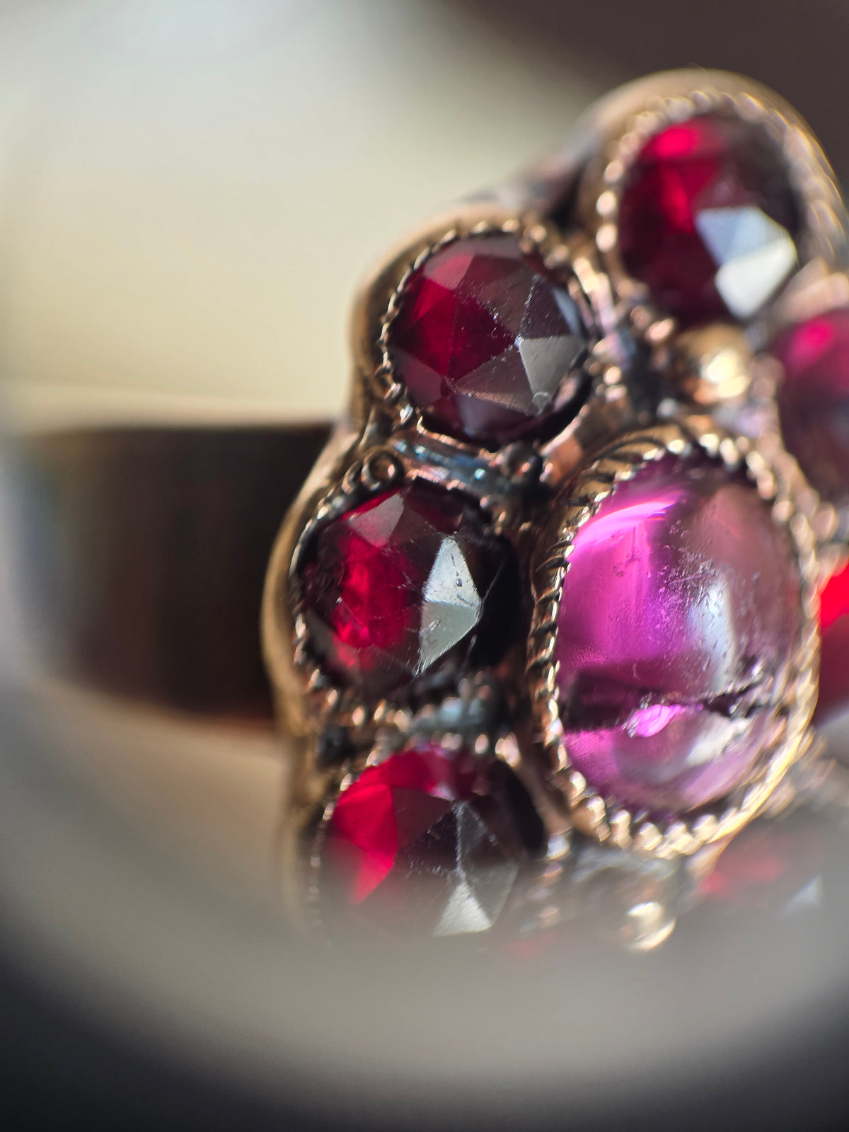 Victorian Style Antique 14k Gold Garnet + Amethyst Cabochon Cluster Statement Ring Size 7