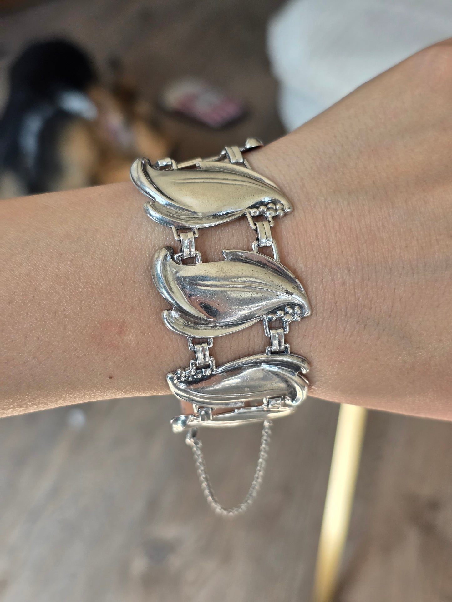 Vintage Sterling Silver Leaf Panel Large Statement Bracelet 6.5"