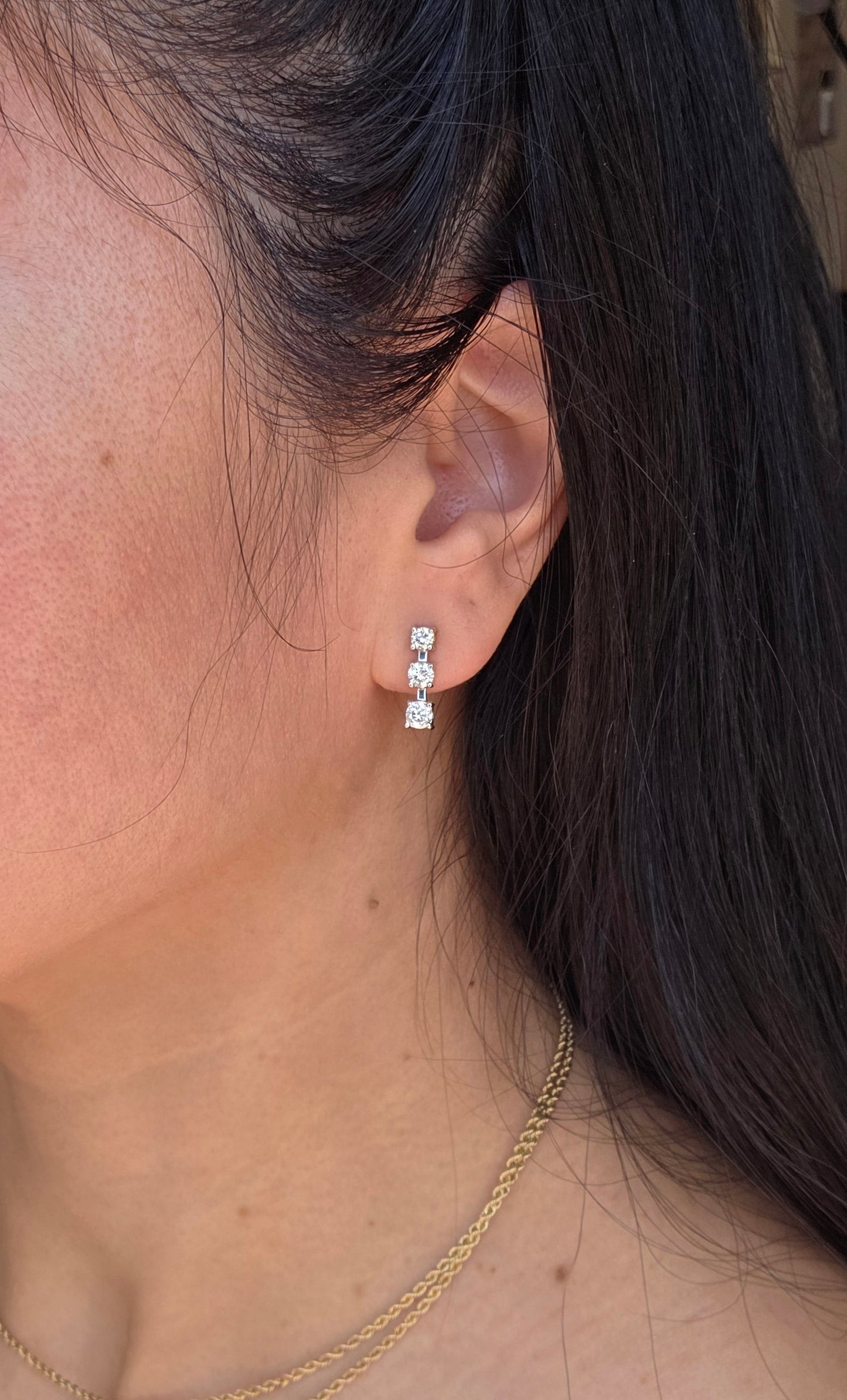 Stunning 14k White Gold 1.10TCW 3 Diamond Bar Drop Earrings