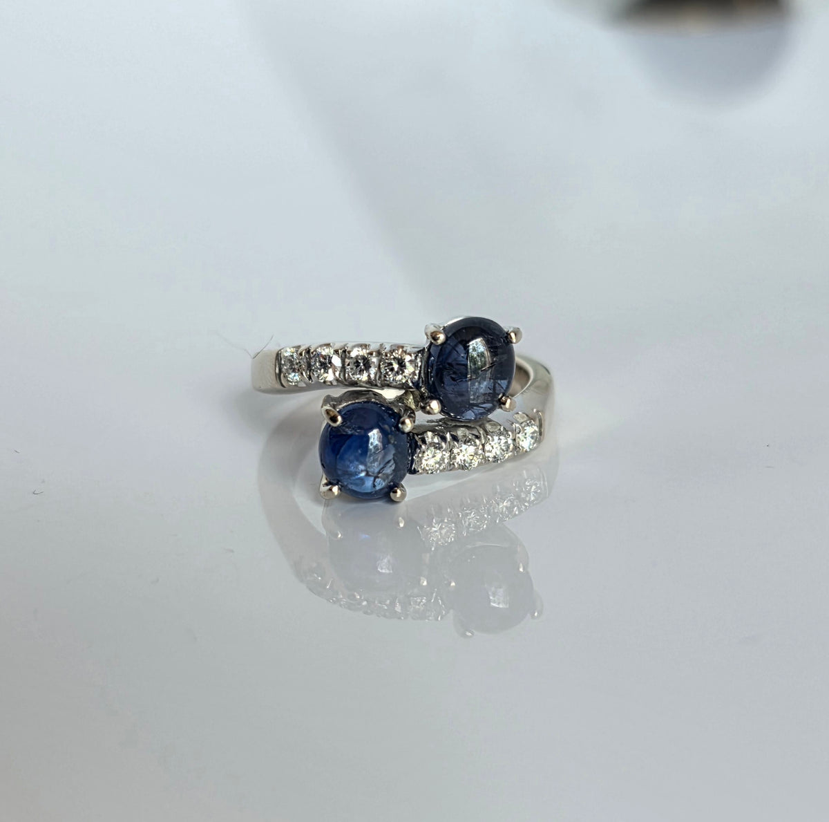 Gorgeous 18k White Gold 2.04TCW Natural Sapphire Cabochon & Diamond Bypass Statement Ring Size 4.75