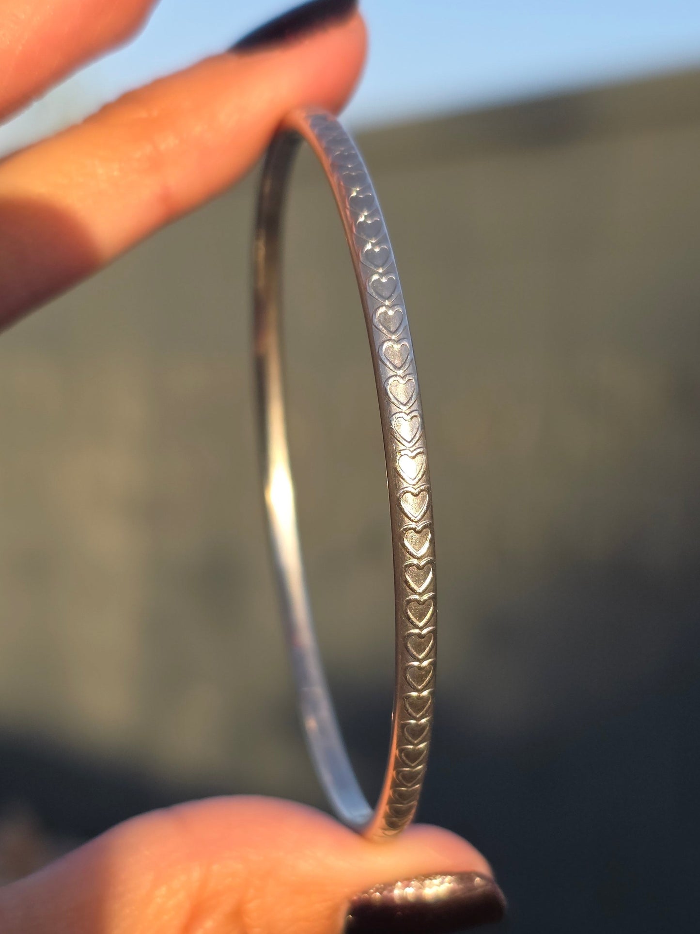 Solid Sterling Silver Heart Pattern Textured Skinny Bangle Bracelet