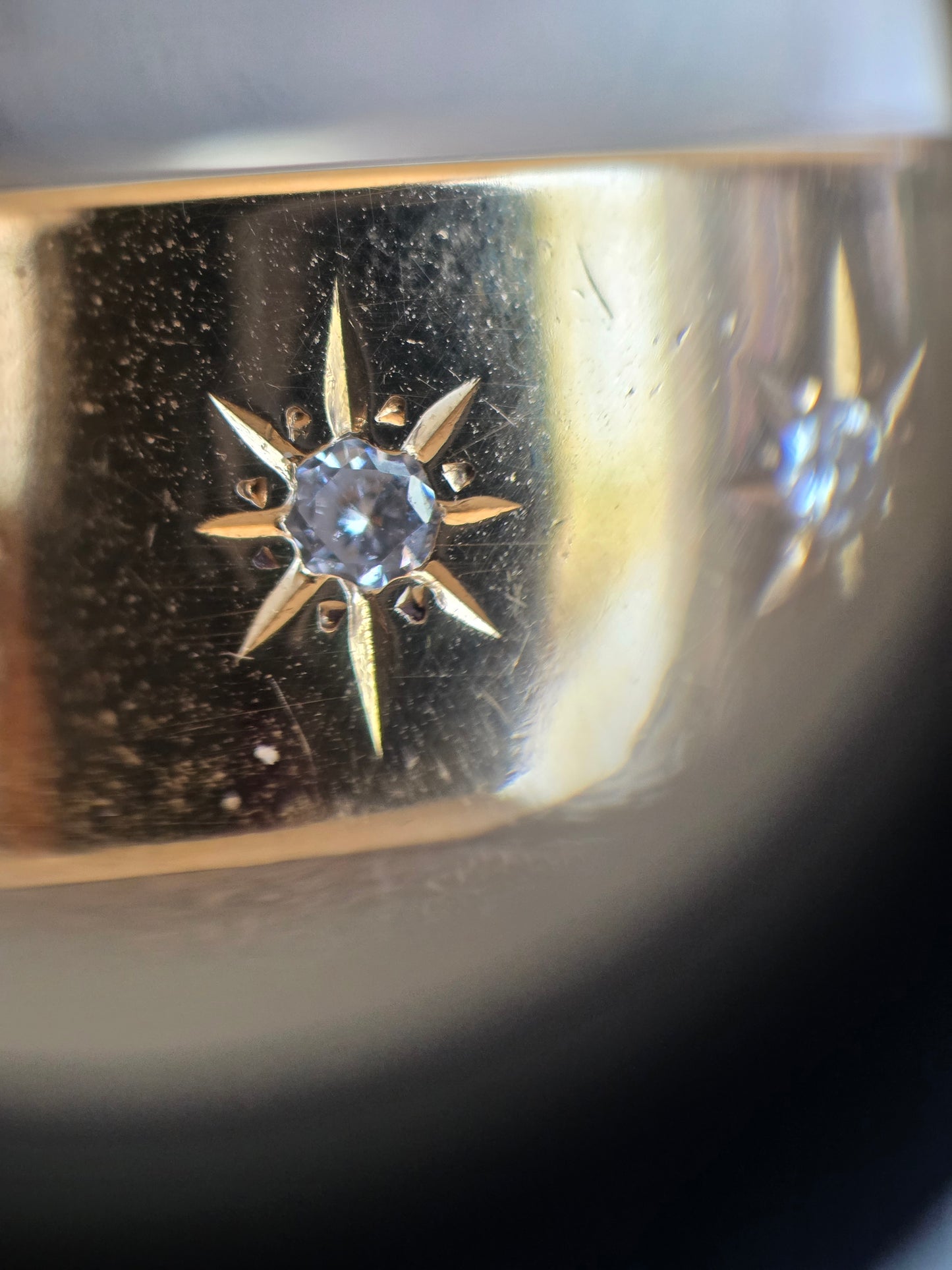 Gorgeous 14k Gold Starset Diamond Starburst Wide 10mm Chunky Cigar Band Hefty Ring Size 7