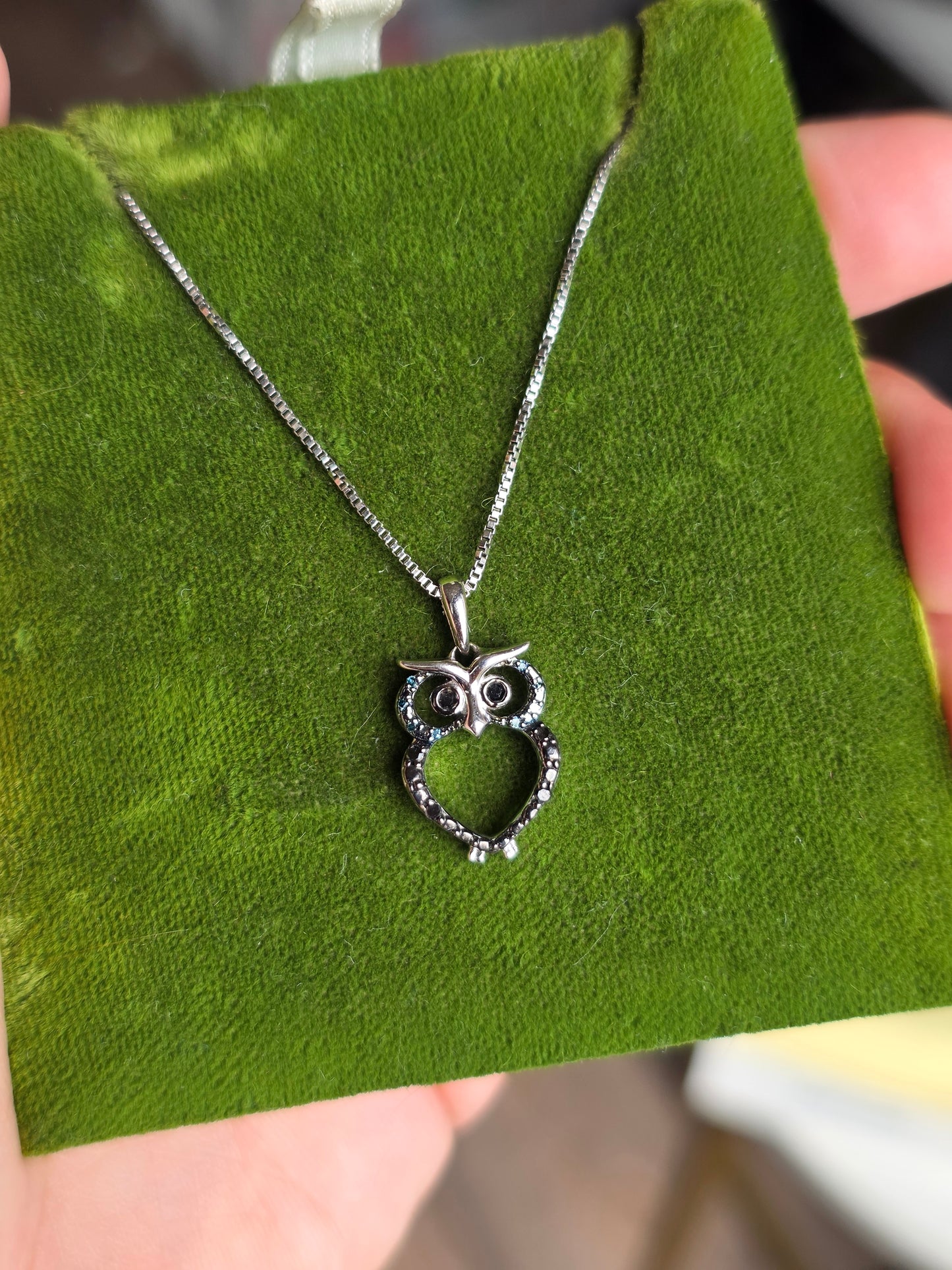 Adorable Black & Blue Diamond Accented Owl Sterling Silver Pendant Necklace 18" Box Chain
