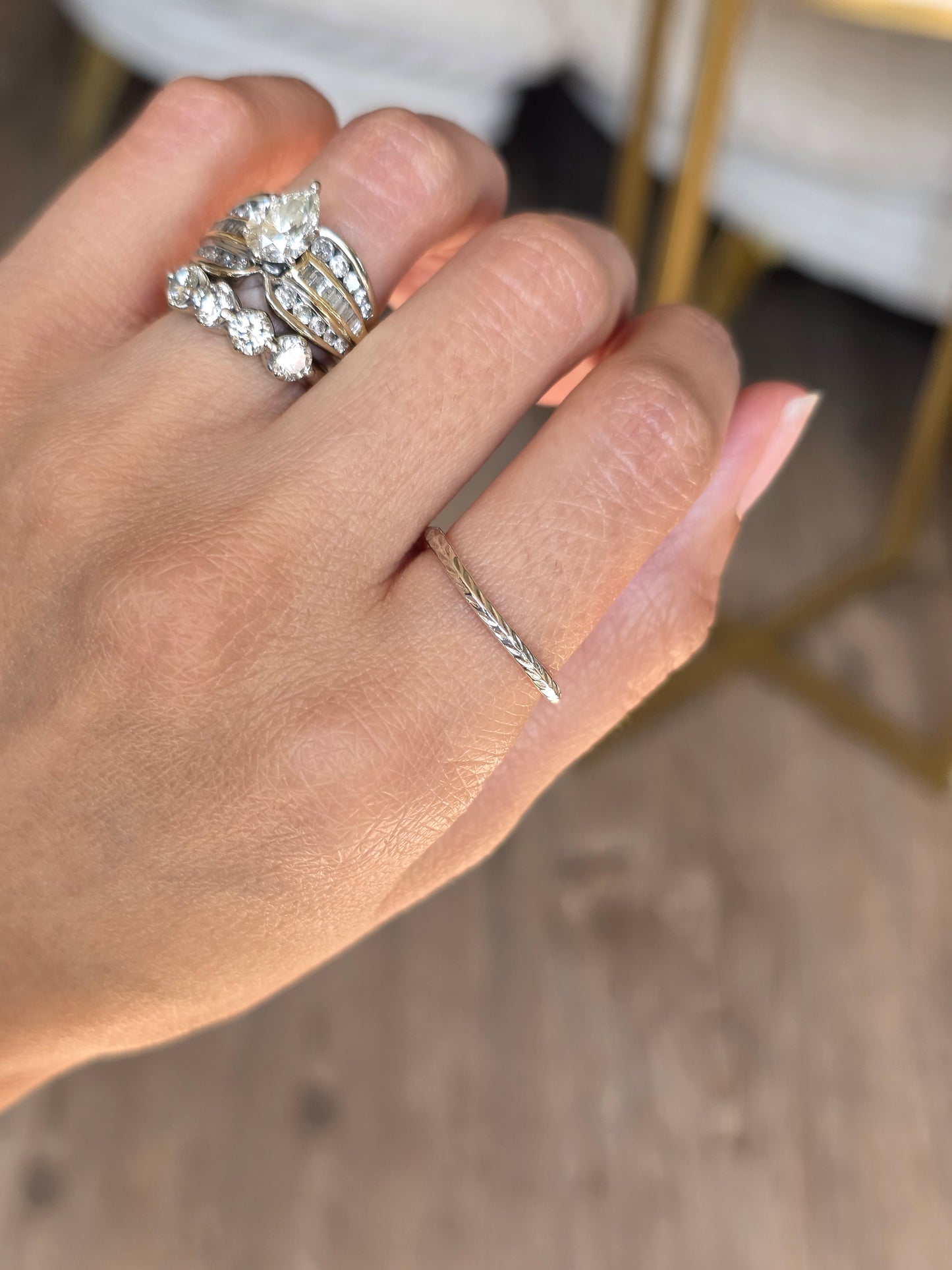 Sterling Silver Chevron / Leaf Carved Full Eternity Band Skinny Stacker Ring Size 7