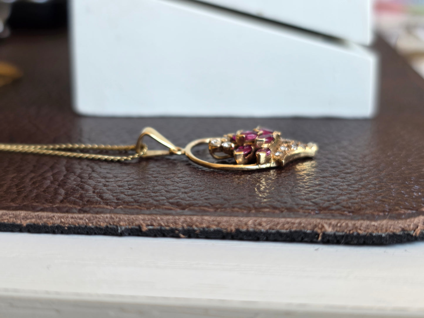 Pretty 14k Gold .82TCW Ruby & Diamond Flowers Basket Pendant (NO CHAIN)