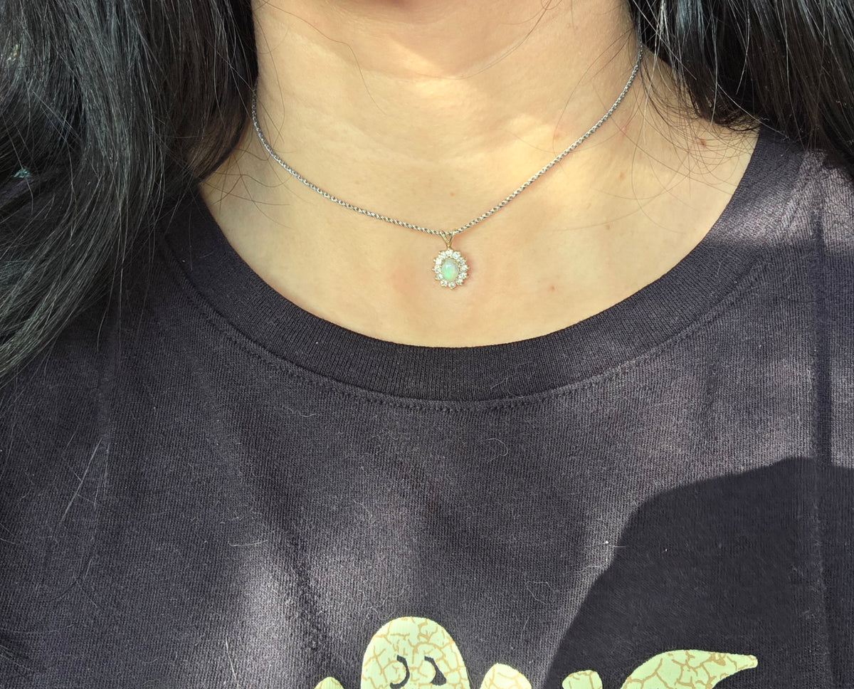 Gorgeous 14k White Gold .61TCW Opal Diamond Dainty Pendant (Optional 925 Chain)