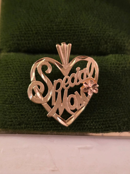 14k Gold "Special Mom" Heart Pendant Rose Gold Flower Accent (NO CHAIN)