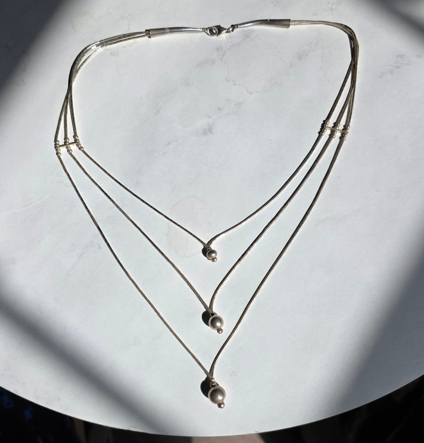 Pretty Vintage Liquid Silver Triple Strand Statement Necklace 16"