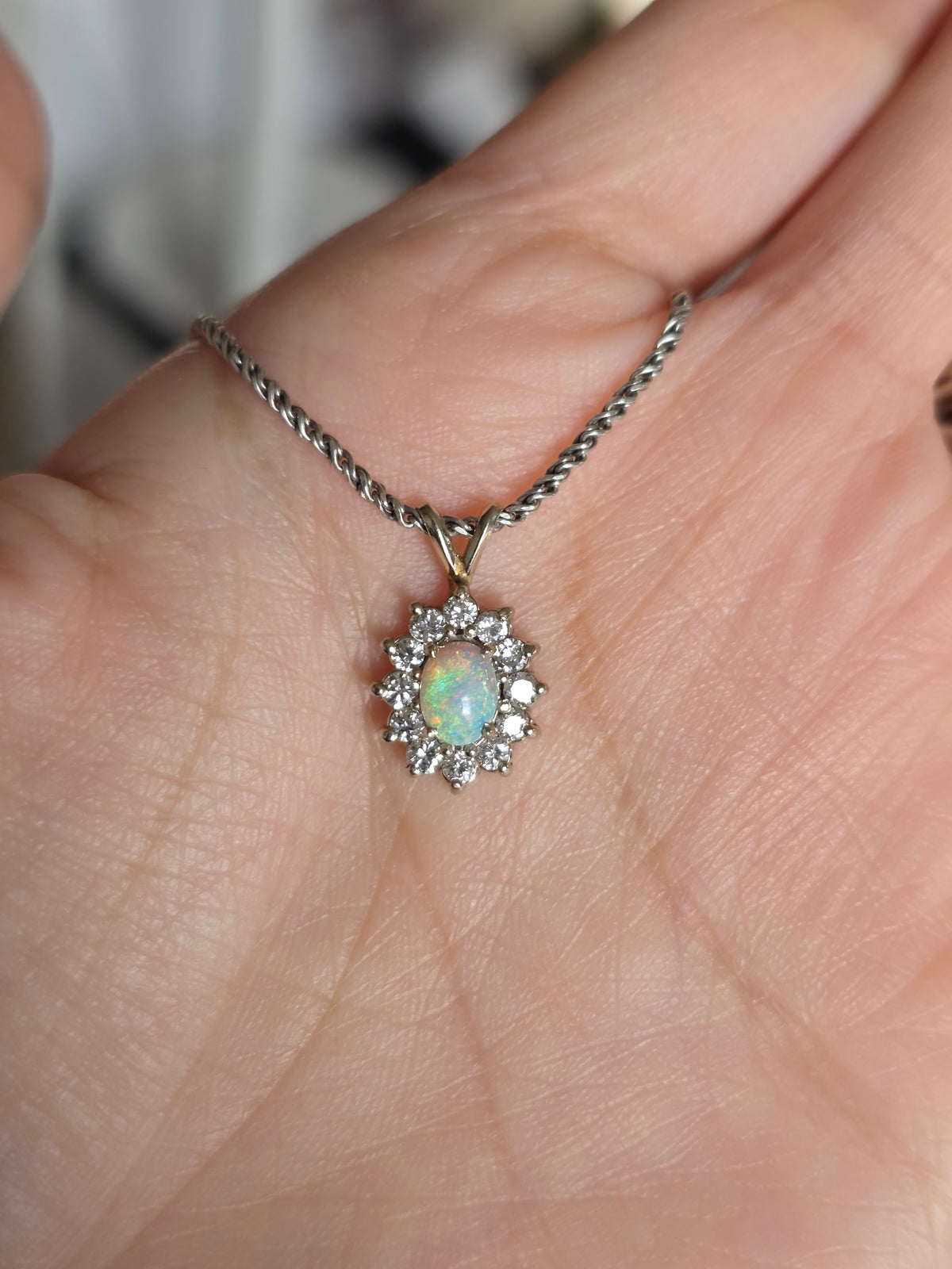 Gorgeous 14k White Gold .61TCW Opal Diamond Dainty Pendant (Optional 925 Chain)