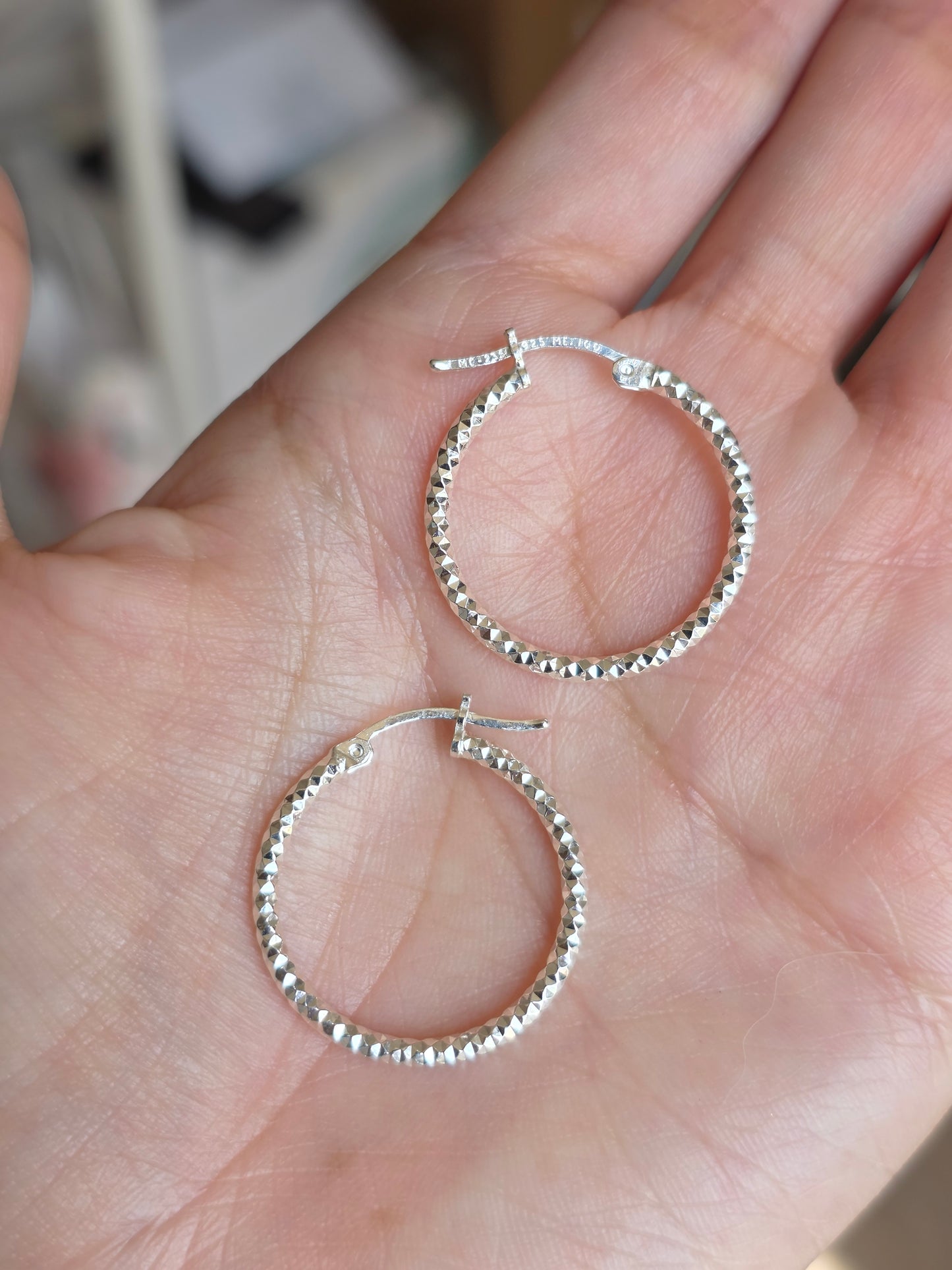 Medium 24mm Textured Sparkling Sterling Silver Hoops Earrings