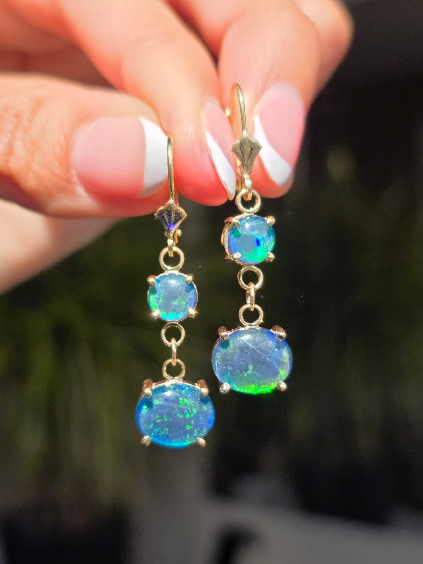Beautiful Australian Triplet Opal Dangle 14k Gold Earrings