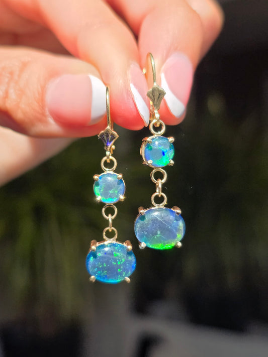 Beautiful Australian Triplet Opal Dangle 14k Gold Earrings