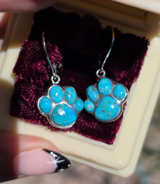 Sterling Silver Turquoise Paw Print Drop Earrings Leverbacks