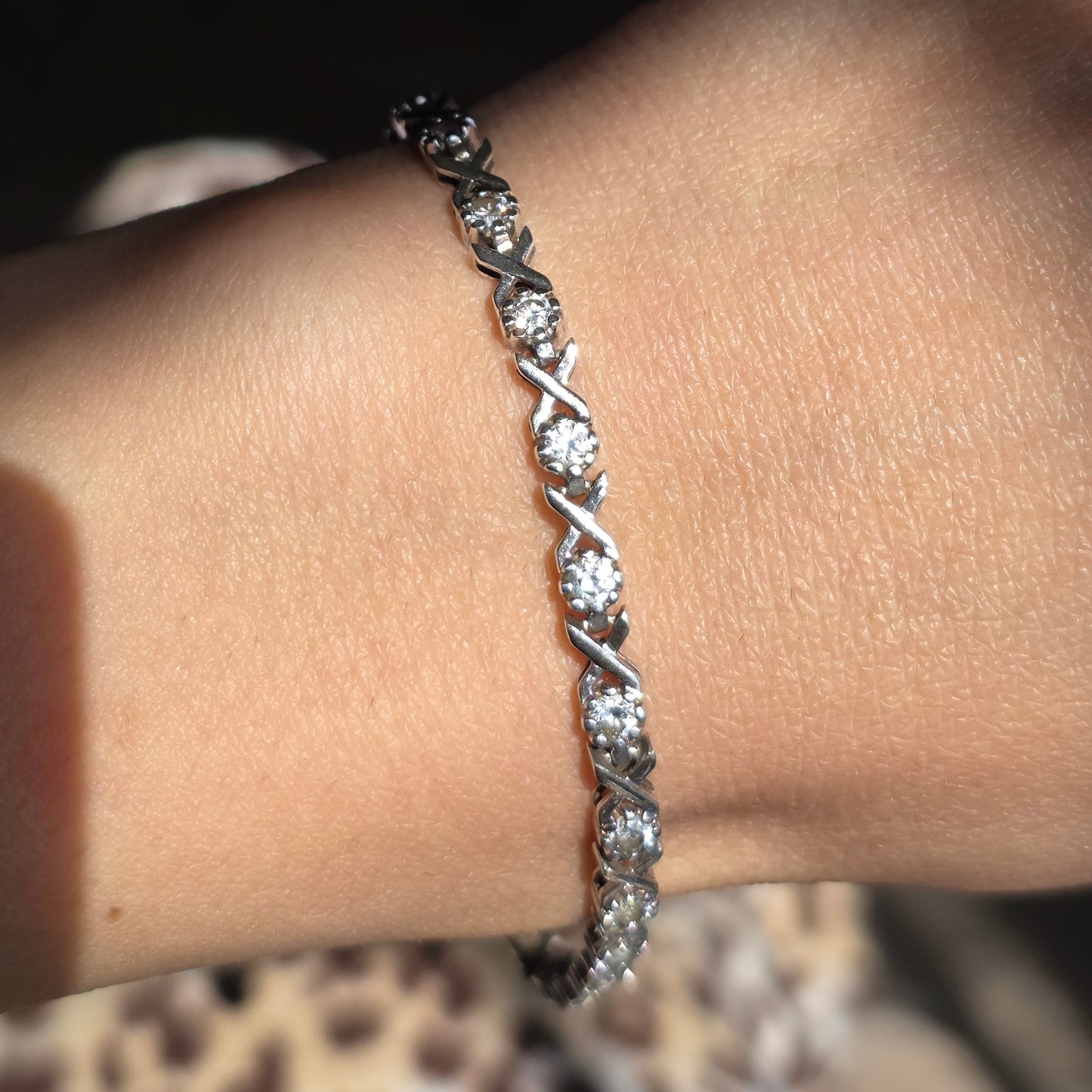 Solid 925 Sterling Silver CZ Stone X Link Tennis Bracelet 7.25"