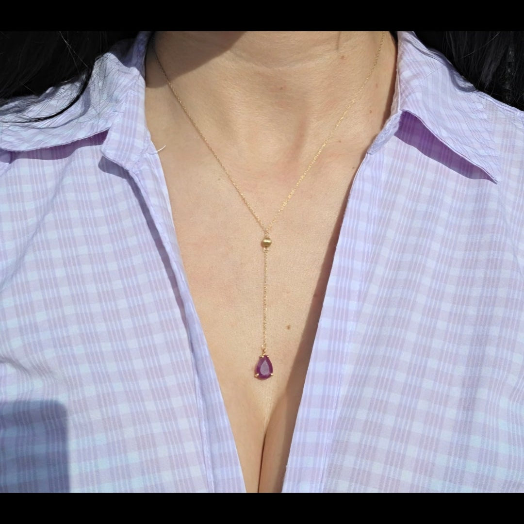 Dainty 10k Gold Pear Cut 2.50ct Ruby Lariat Y Drop Necklace 16"