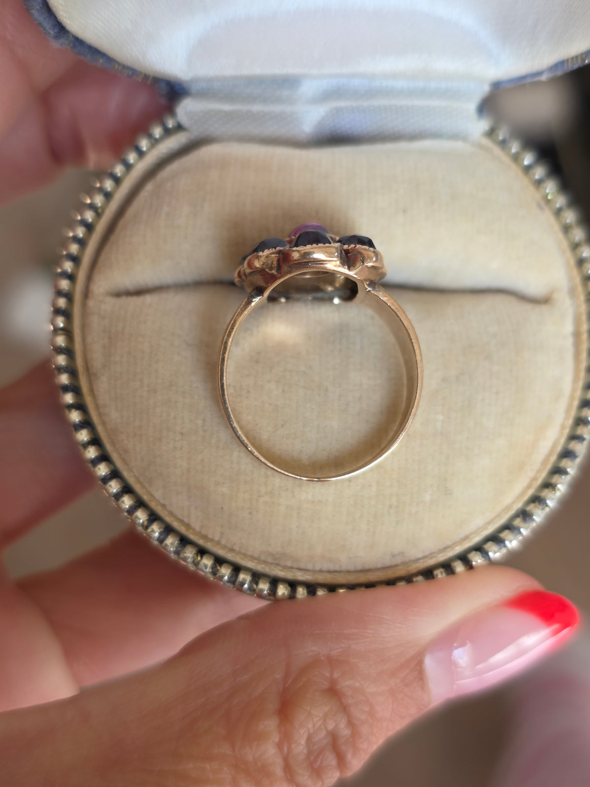 Victorian Style Antique 14k Gold Garnet + Amethyst Cabochon Cluster Statement Ring Size 7