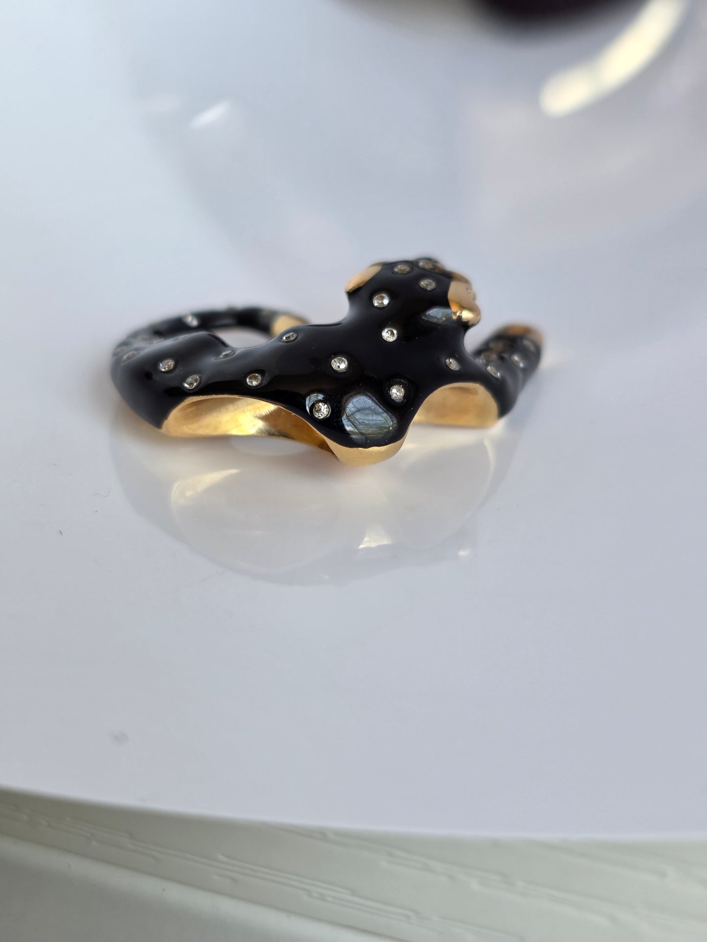Amazing Black Enamel 14k Gold + White Sapphire /Topaz Panther Slide Pendant (NO CHAIN)