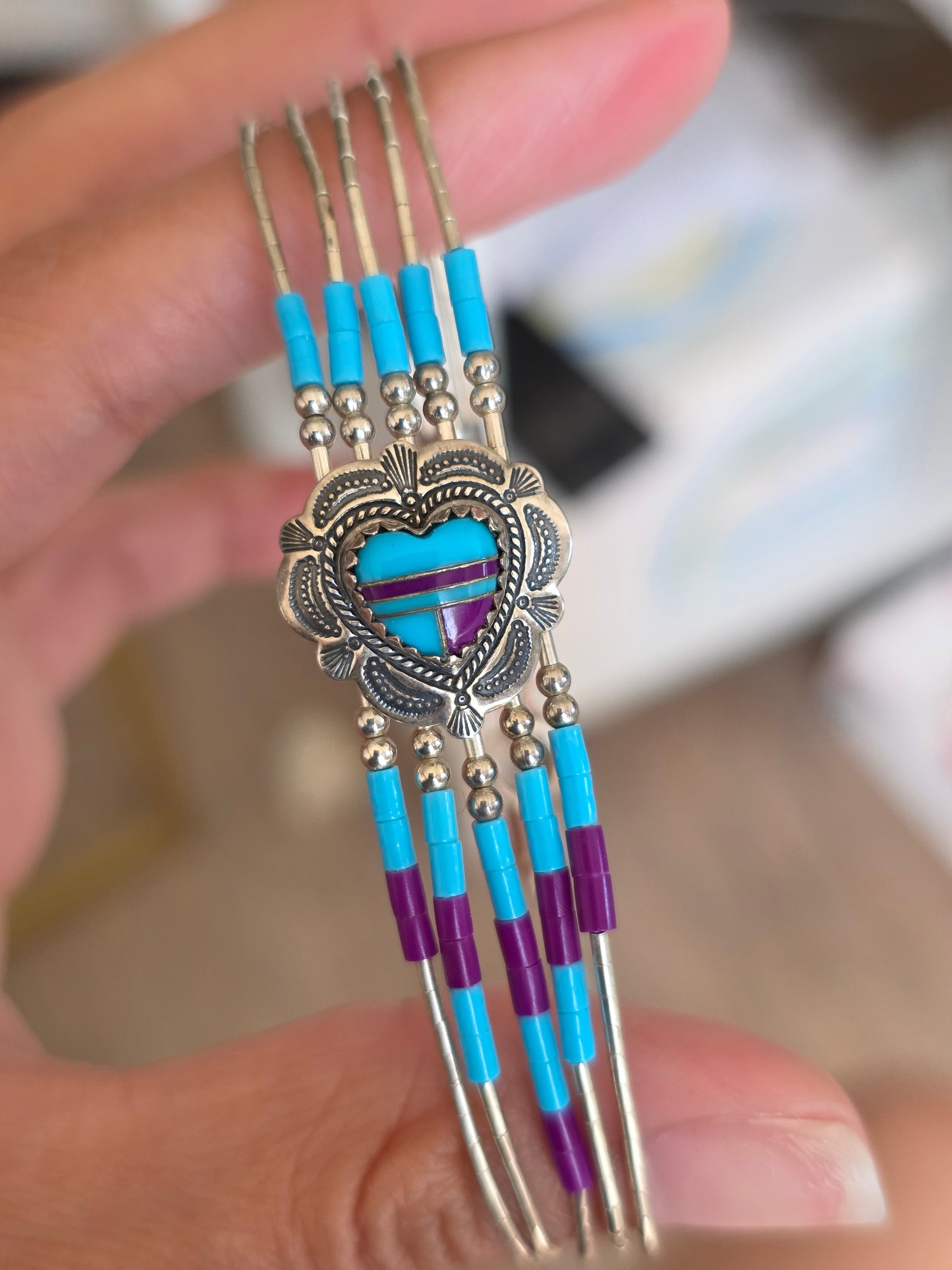 Southwestern Turquoise & Purple Heart Inlay Liquid Silver Multistrand Bracelet 7"
