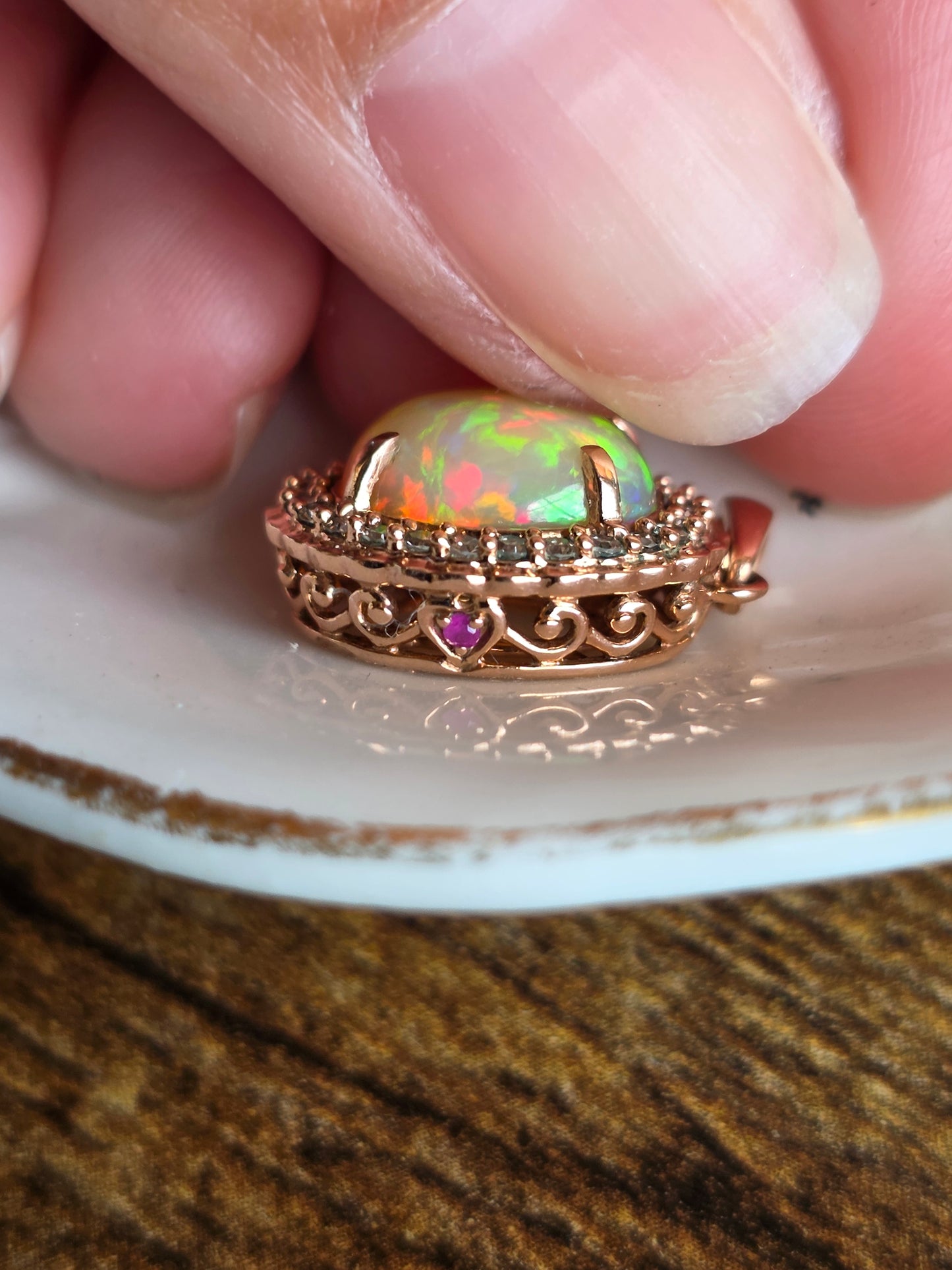 Stunning 10k Rose Gold Natural Fire Opal Cabochon and Diamond Halo Pendant (NO CHAIN)