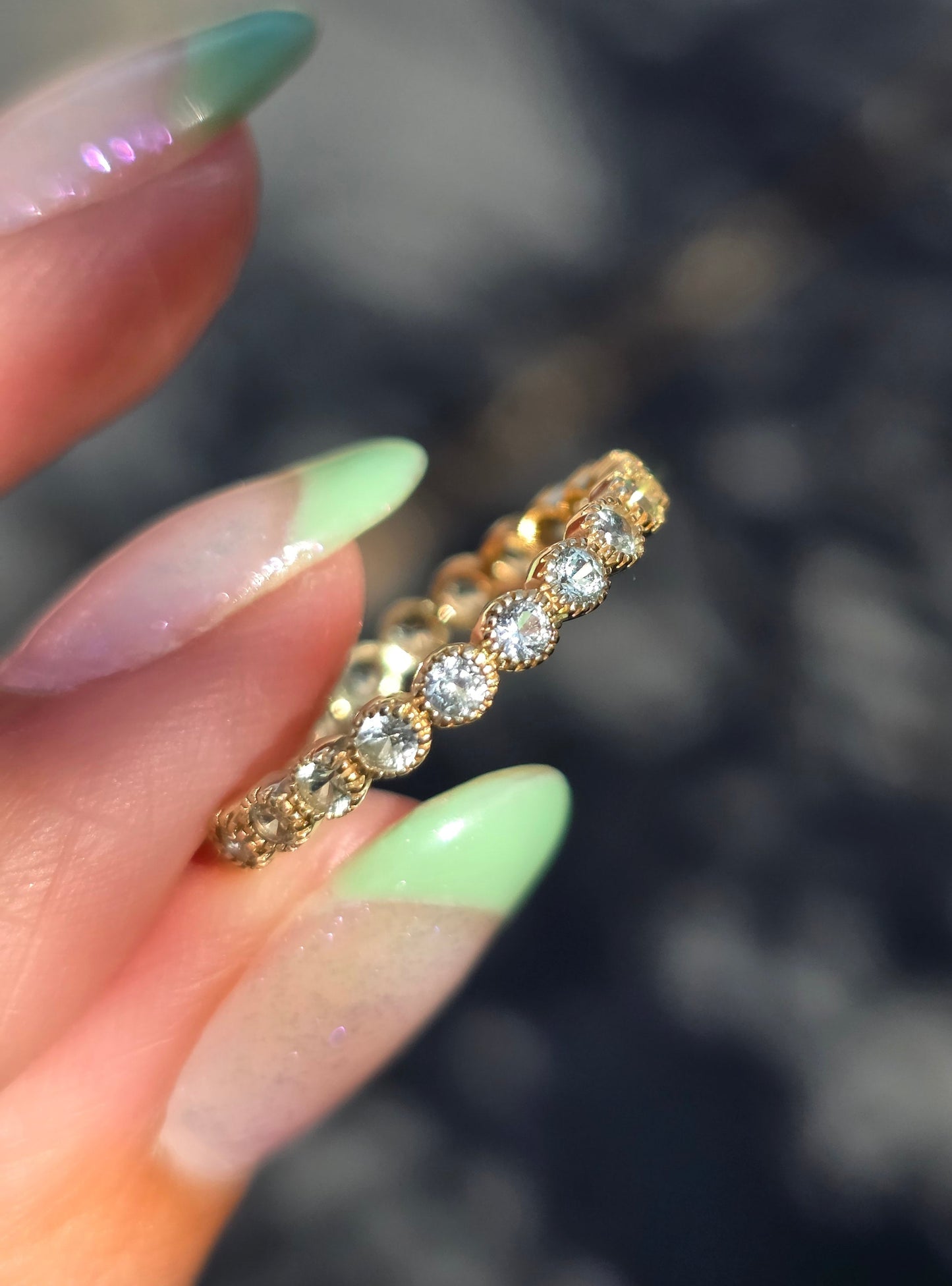 Gorgeous 14k Gold 1.10TCW Pale Blue Sapphire Bezel Set Full Eternity Band Ring Size 7