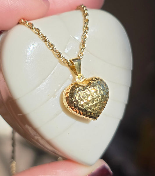 18k Yellow Gold Textured Puffy Heart Charm Pendant (NO CHAIN)
