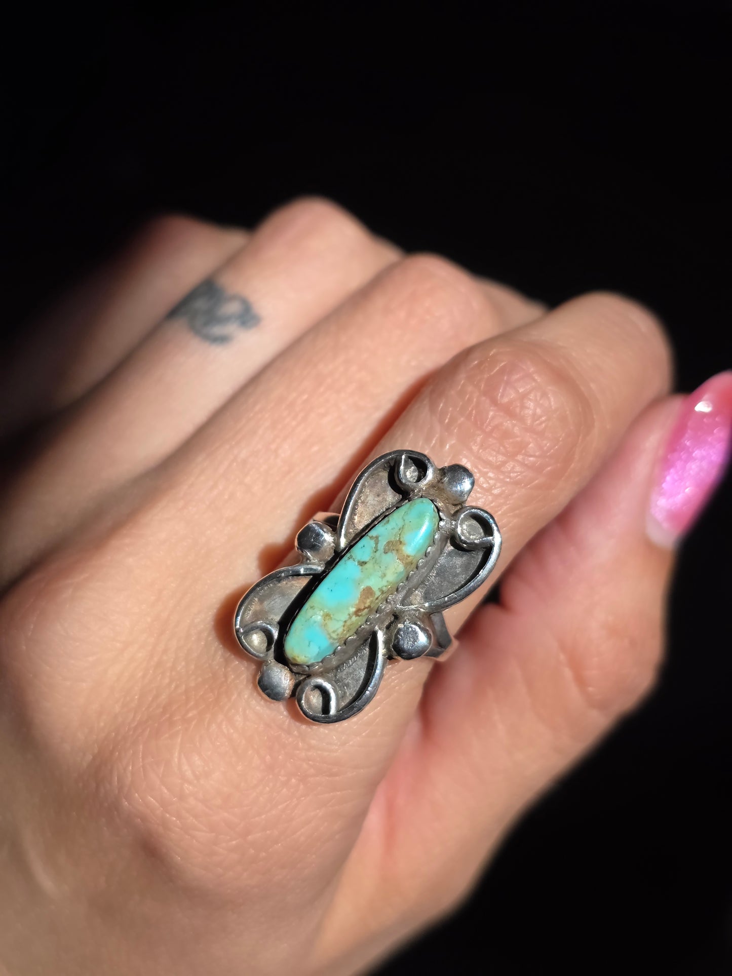 Vintage Navajo Style Signed RB Elongated Royston Turquoise Gemstone Sterling Silver Statement Ring Size 5.5
