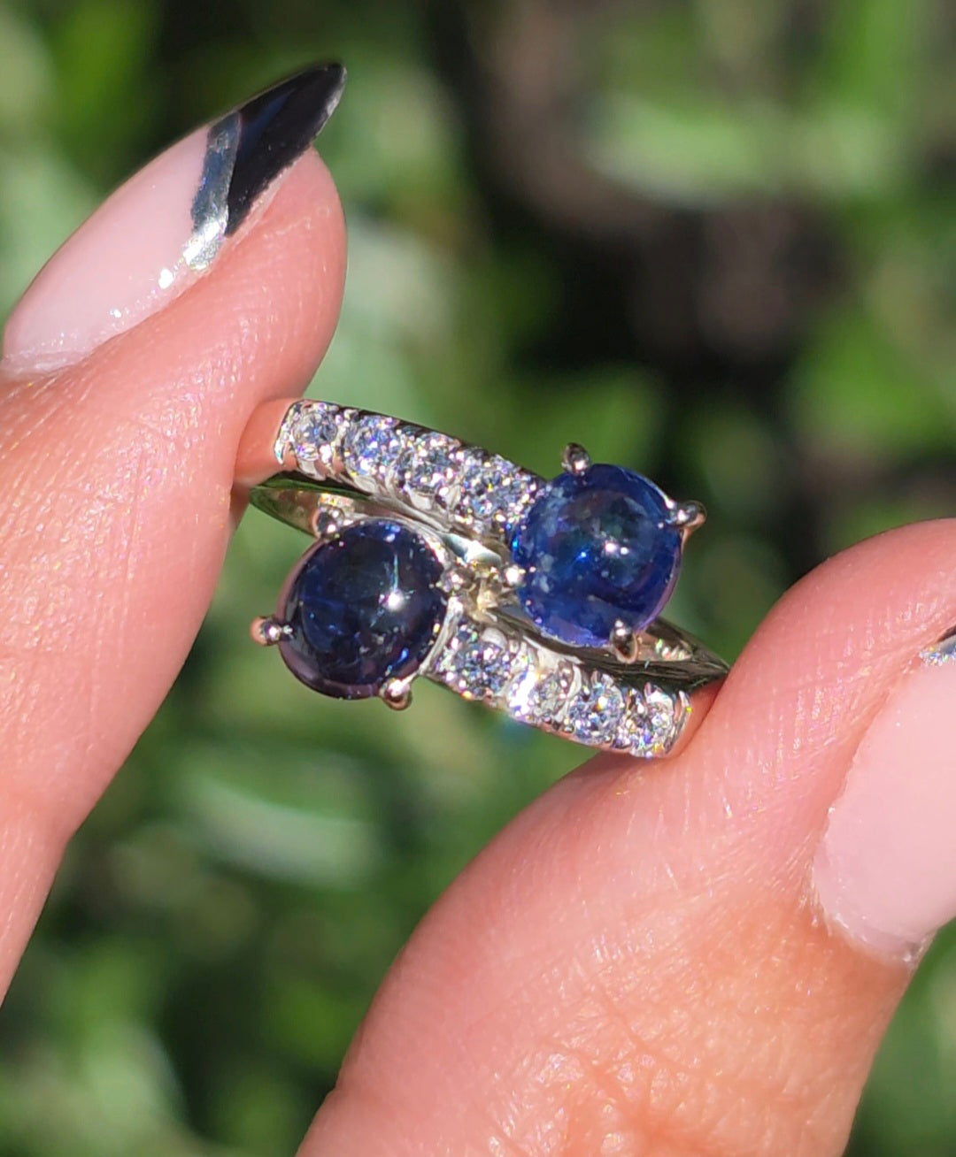 Gorgeous 18k White Gold 2.04TCW Natural Sapphire Cabochon & Diamond Bypass Statement Ring Size 4.75
