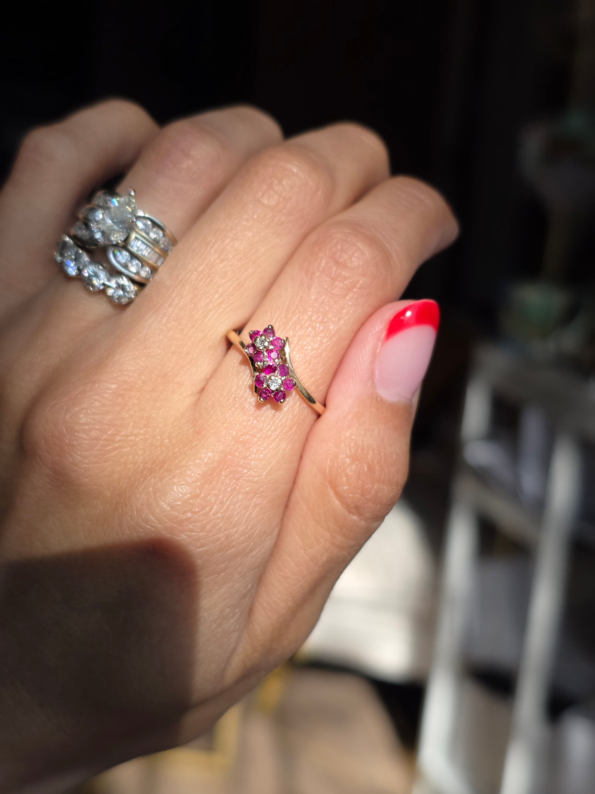 10k Ruby And Diamond Flowers Bypass Statement Ring
