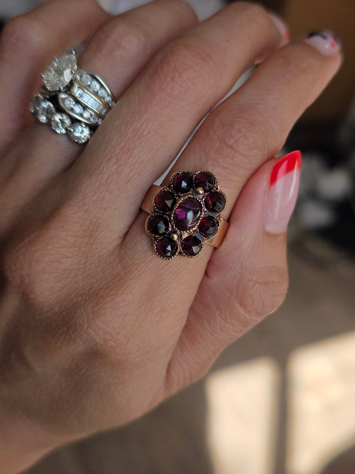 Victorian Style Antique 14k Gold Garnet + Amethyst Cabochon Cluster Statement Ring Size 7