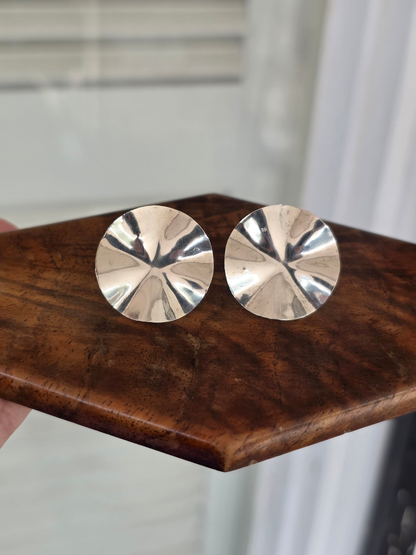 Sterling Silver Round Wavy Disc 24mm Wide Button Stud Statement Earrings