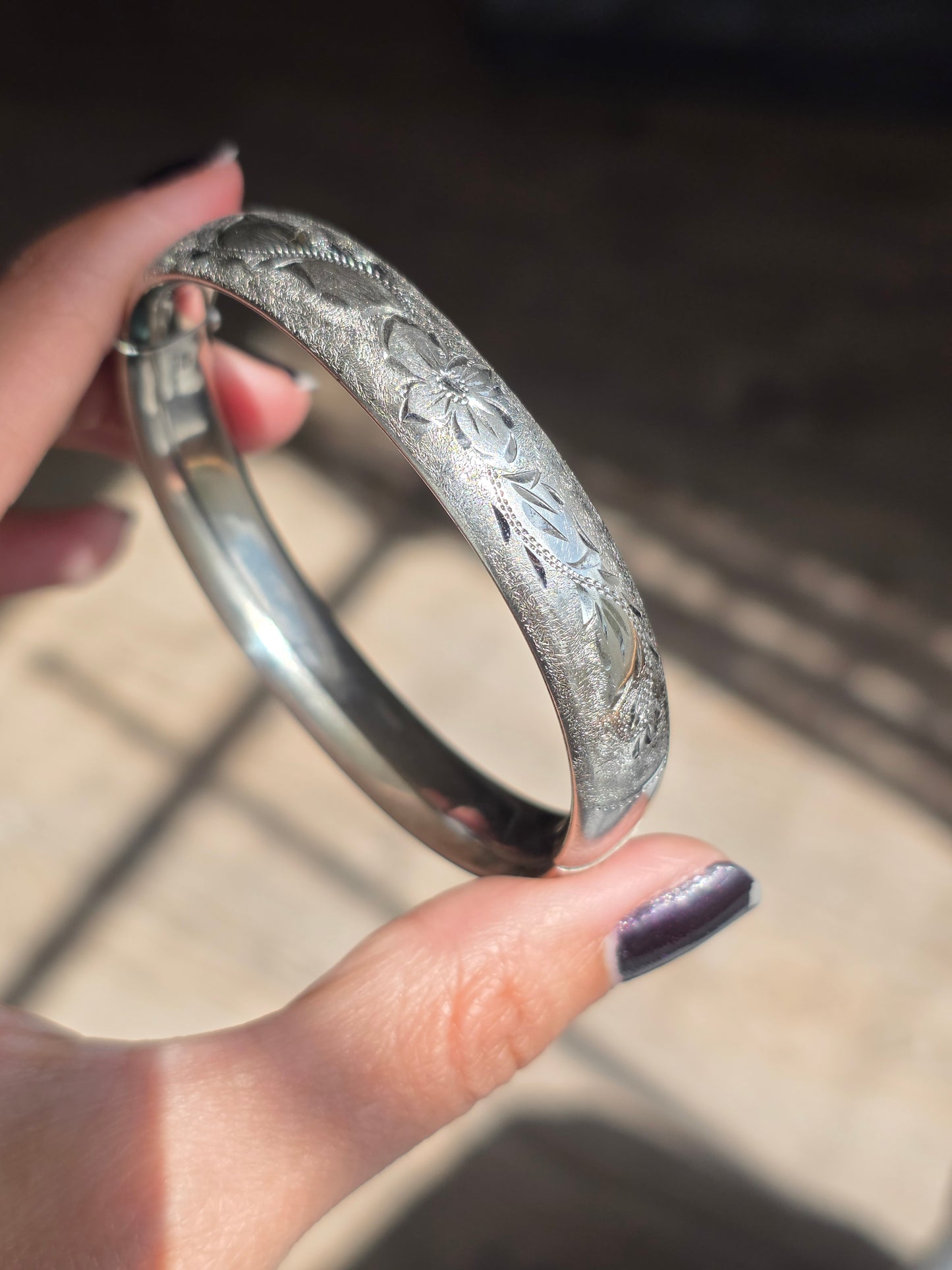 Beautiful Vintage Floral Etched Sterling Silver Bangle Bracelet 6.5"