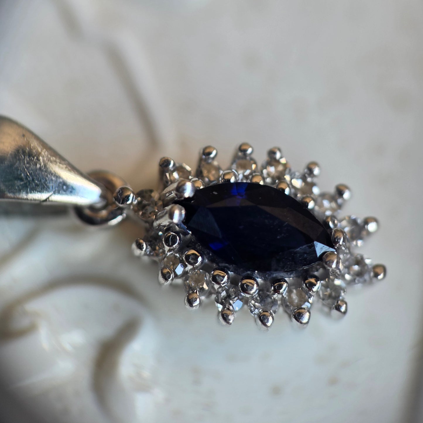 Beautiful Dainty White Gold Sapphire Diamond Pendant With Solid White Gold Cable Link Chain 16" 14k/10k