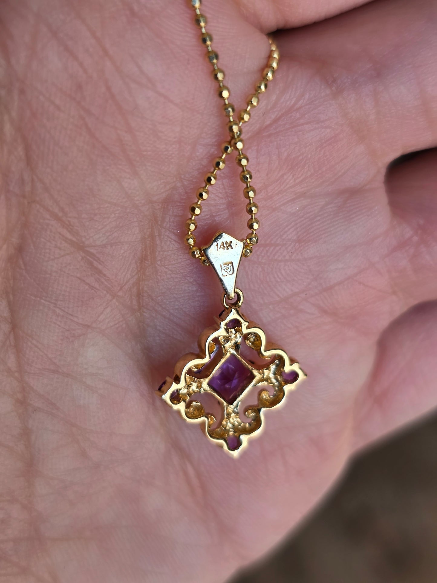 Stunning 14k Gold Filigree Princess Amethyst Pendant (NO CHAIN)