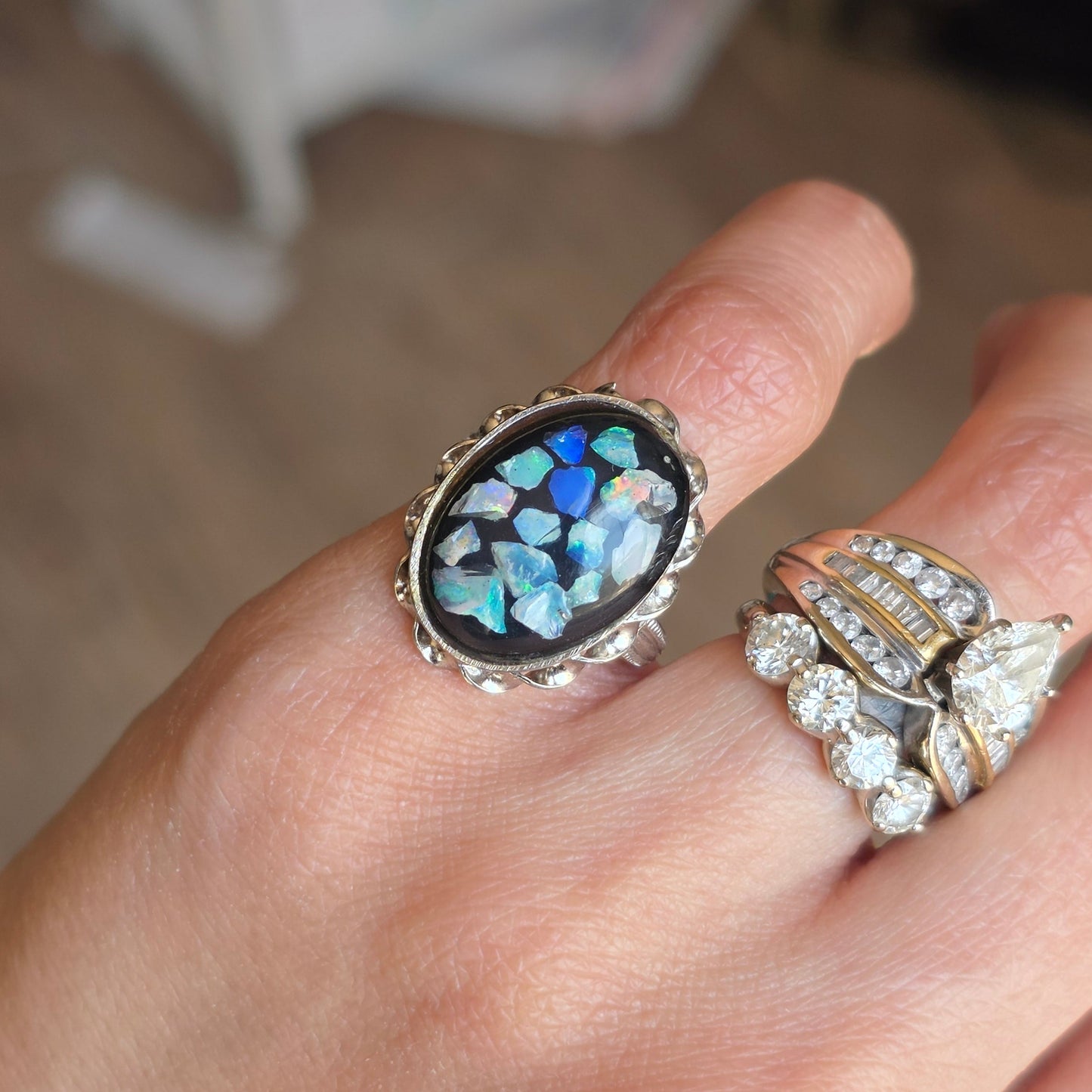 Pretty Sterling Silver Opal Mosaic Oval Statement Ring Size 4.5