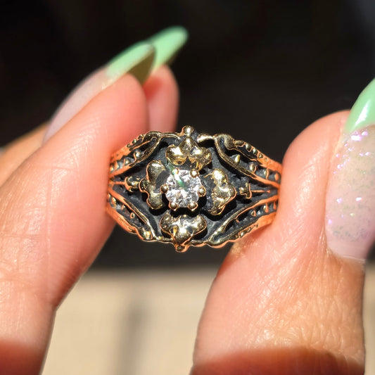 Awesome 14k Gold Diamond Blacked Out Oxidized Flower Statement Ring Size 4.5