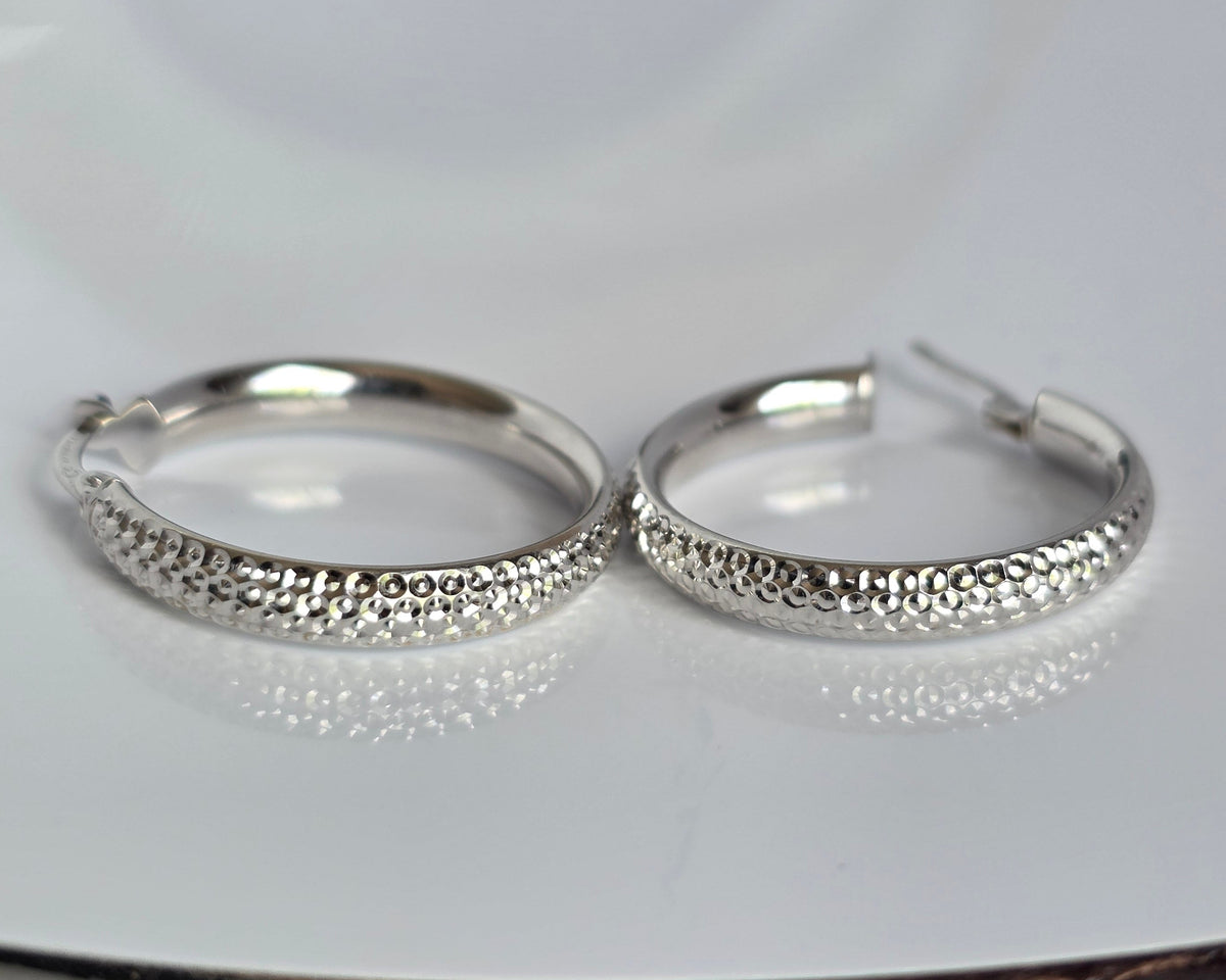 14k White Gold Shimmering Diamond Cut 24mm Hoops