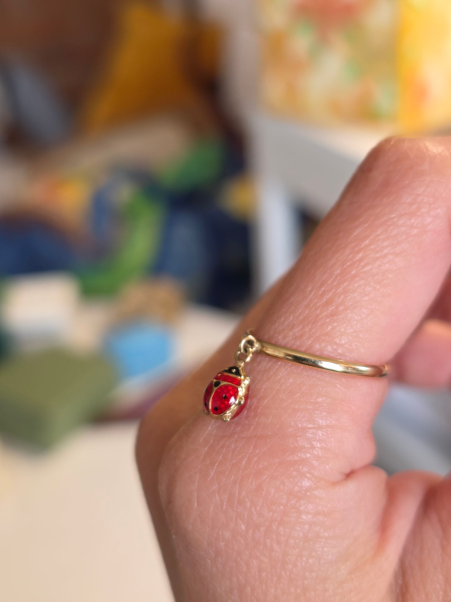 Adorable 10k Gold Italian Made Enamel Ladybug Charm Dangle Ring Size Size 7