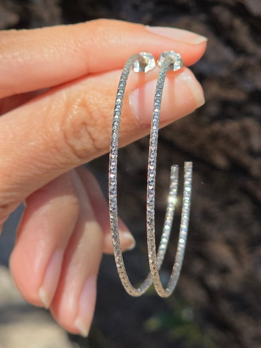 Beautiful Sterling Silver Sparkling 2" Large Hoops Earrings