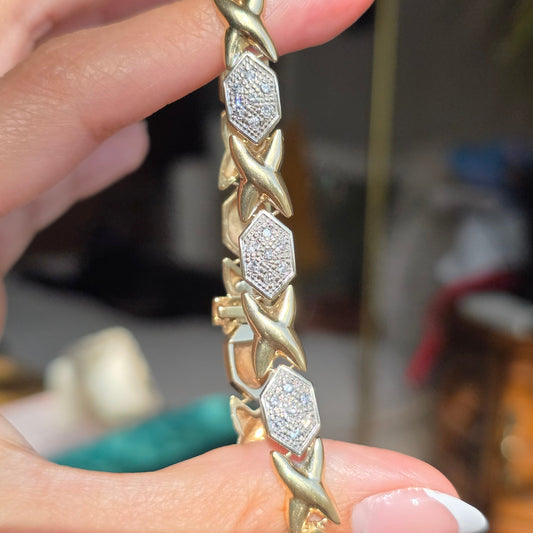 Amazing Two Toned 14k X Link Elongated Hexagon White Gold and Diamond Bracelet 7.5"