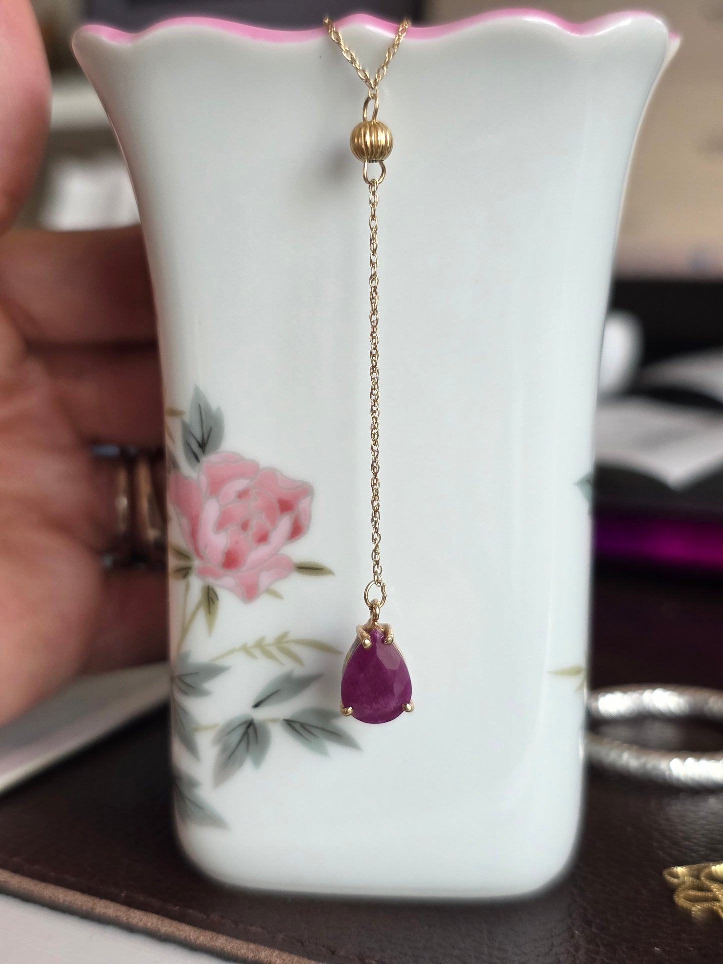 Dainty 10k Gold Pear Cut 2.50ct Ruby Lariat Y Drop Necklace 16"