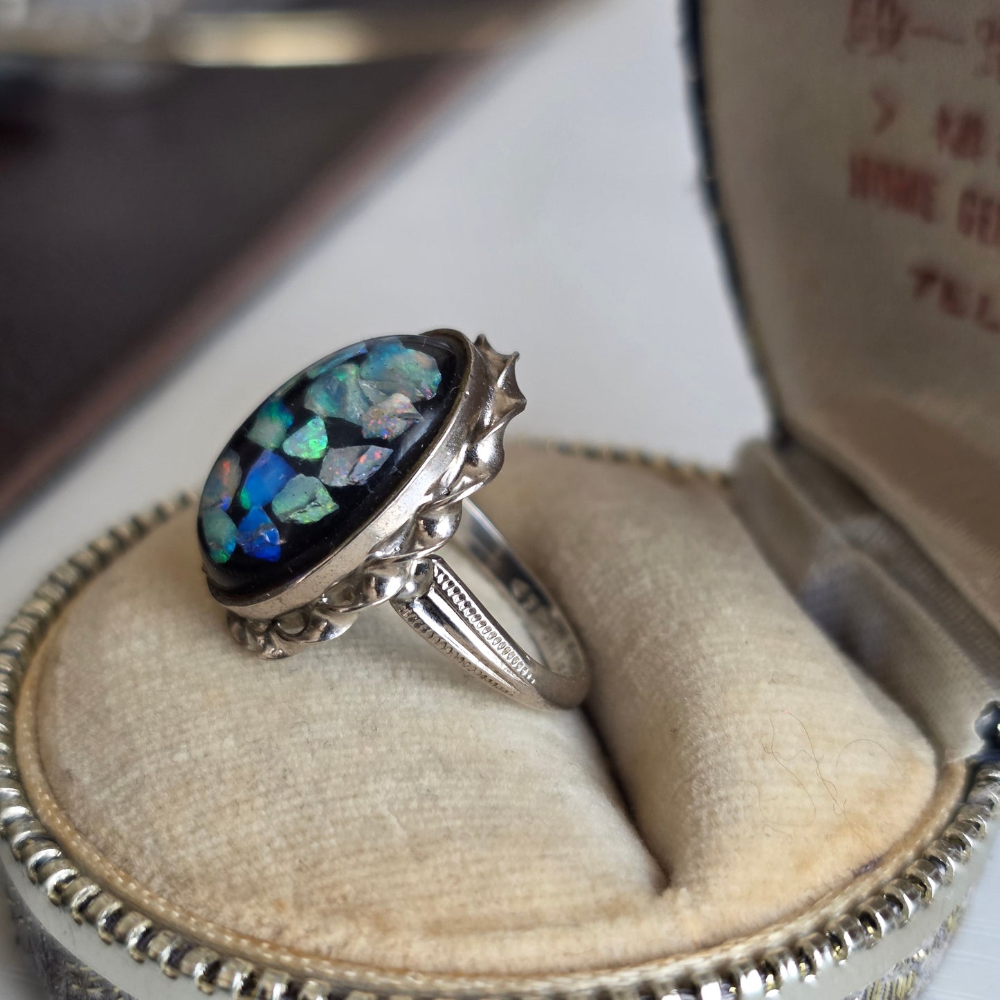 Pretty Sterling Silver Opal Mosaic Oval Statement Ring Size 4.5